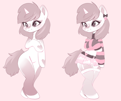 Size: 800x667 | Tagged: safe, artist:valeria_fills, derpibooru import, oc, oc only, semi-anthro, unicorn, adoptable, clothes, female, freckles, garter belt, garters, mare, off shoulder, off shoulder sweater, skirt, solo, stockings, sweater, thigh highs