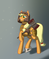 Size: 1200x1450 | Tagged: safe, artist:rosik, derpibooru import, applejack, earth pony, pony, armor, axe, blood, crossover, quake, ranger, skull, solo, warrior, weapon