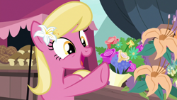 Size: 1920x1080 | Tagged: safe, derpibooru import, screencap, lily, lily valley, earth pony, pony, it isn't the mane thing about you, season 7, cute, female, flower, happy, lily (flower), mare, open mouth, solo