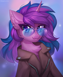 Size: 980x1200 | Tagged: safe, artist:margony, derpibooru import, oc, oc only, pony, unicorn, chest fluff, clothes, cool, cute, female, glasses, horn, multicolored hair, ocbetes, solo, unicorn oc