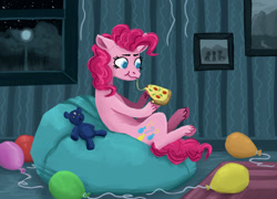 Size: 1500x1080 | Tagged: safe, artist:necromarecy, derpibooru import, pinkie pie, earth pony, pony, balloon, beanbag chair, food, heart eyes, night, pizza, plushie, solo, teddy bear, window, wingding eyes