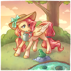 Size: 1744x1744 | Tagged: safe, artist:ebonytails, derpibooru import, fluttershy, frog, pegasus, pony, bow, bush, colored hooves, female, grass, hairband, hat, head turned, lilypad, looking at someone, looking down, mare, mouth hold, outdoors, pond, raised leg, rock, solo, standing, stray strand, sun hat, tail, tail band, three quarter view, tree, water, watering can, wings