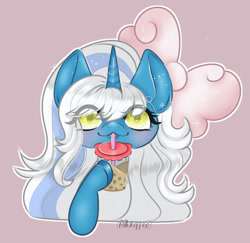 Size: 906x882 | Tagged: safe, artist:milkk0ffee, derpibooru import, oc, oc:fleurbelle, alicorn, alicorn oc, blushing, boba tea, bow, cute, drinking, drinking straw, female, golden eyes, hair bow, horn, mare, pink background, simple background, wingding eyes, wings