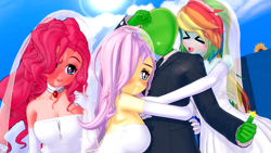 Size: 1920x1080 | Tagged: artist needed, source needed, safe, derpibooru import, fluttershy, pinkie pie, rainbow dash, oc, oc:anon, human, 3d, :3, blushing, clothes, dress, eyes closed, hair over one eye, heart eyes, hug, koikatsu, lucky bastard, open mouth, open smile, polyamory, smiling, thumbs up, wedding dress, wingding eyes