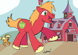 Size: 1280x906 | Tagged: safe, artist:helsaabi, derpibooru import, apple bloom, applejack, big macintosh, granny smith, earth pony, pony, female, giant pony, macro, male, mare, open mouth, open smile, ponies riding ponies, really big mac, riding, smiling, stallion, sweet apple acres