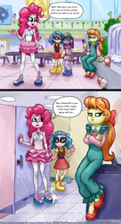Size: 1500x2749 | Tagged: safe, artist:smudge proof, derpibooru import, kimberlite, megan williams, pinkie pie, technicolor waves, equestria girls, bathroom stall, canterlot mall, comic, commission, implied pooping, mall, public bathroom, public restroom, public toilet, sitting, sketch