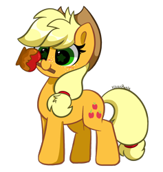 Size: 4376x4608 | Tagged: safe, artist:kittyrosie, derpibooru import, applejack, earth pony, pony, caramel apple (food), cute, female, food, jackabetes, mare, mouth hold, redraw, simple background, smiling, solo, starry eyes, transparent background, wingding eyes