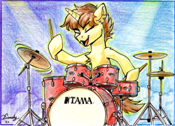 Size: 2036x1464 | Tagged: safe, artist:dandy, derpibooru import, oc, oc only, oc:drummershy, pony, unicorn, colored pencil drawing, drum kit, drums, fog, male, musical instrument, raffle prize, solo, spotlight, traditional art