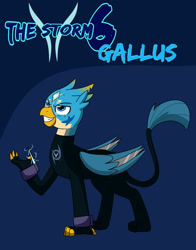 Size: 1600x2040 | Tagged: safe, artist:chedx, gallus, griffon, comic:the storm kingdom, blue background, body markings, bodysuit, crystal, metal feather, simple background, spikes, symbol, wing blades, wings