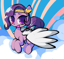 Size: 1280x1174 | Tagged: safe, artist:penpale-heart, pipp petals, pegasus, pony, cloud, female, flying, jewelry, looking at you, mare, open mouth, smiling, solo, spread wings, tiara