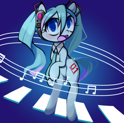 Size: 1280x1276 | Tagged: safe, alternate version, artist:penpale-heart, earth pony, pony, blue background, blue coat, female, gradient background, hatsune miku, headphones, looking at you, mare, necktie, open mouth, ponified, signature, simple background, solo, two toned mane