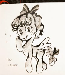 Size: 883x1024 | Tagged: safe, artist:fipoki, derpibooru import, cozy glow, pegasus, pony, cozybetes, cute, female, filly, pencil drawing, solo, stars, the tower, traditional art