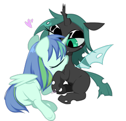 Size: 1280x1222 | Tagged: safe, artist:penpale-heart, oc, oc only, alicorn, changeling, alicorn oc, blushing, changeling oc, cuddling, eyes closed, fangs, female, floating heart, green coat, green mane, heart, horn, lidded eyes, mare, not chrysalis, oc x oc, prone, shipping, signature, simple background, sitting, spread wings, transparent background, two toned mane, two toned tail, underhoof, wings
