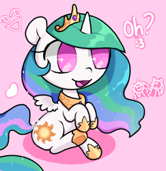 Size: 500x514 | Tagged: safe, artist:penpale-heart, princess celestia, alicorn, pony, chibi, female, jewelry, mare, open mouth, pink background, raised hoof, raised leg, signature, simple background, sitting, smiling, solo, spread wings, tiara