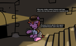 Size: 1176x705 | Tagged: safe, artist:neuro, oc, oc only, earth pony, pony, dialogue, explorer outfit, eyes closed, female, flashlight (object), headlamp, holding, implied anon, lever, mare, open mouth, sitting, smiling, solo, stairs, tomb