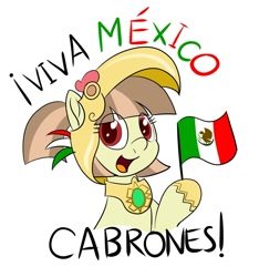 Size: 1872x2000 | Tagged: safe, artist:an-tonio, oc, oc only, oc:tailcoatl, pegasus, pony, bust, female, flag, holding, looking at you, mare, mexico, nation ponies, open mouth, ponified, portrait, simple background, smiling, solo, spanish, text, white background