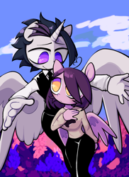 Size: 1280x1755 | Tagged: safe, artist:penpale-heart, oc, oc only, oc:amelia, oc:lite, alicorn, anthro, pegasus, alicorn oc, black hair, clothes, cloud, detailed background, duo, female, flower, golden eyes, looking at each other, male, oc x oc, purple coat, purple eyes, purple hair, shipping, smiling, spread wings, white coat