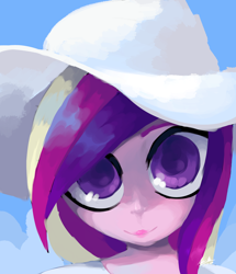 Size: 1280x1486 | Tagged: safe, artist:penpale-heart, princess cadance, human, blue background, bust, clothes, female, humanized, looking at you, portrait, simple background, smiling, solo, sun hat