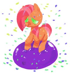 Size: 1466x1521 | Tagged: safe, artist:1eg, derpibooru import, babs seed, earth pony, balloon, female, filly, solo