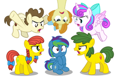 Size: 1280x820 | Tagged: safe, artist:aleximusprime, derpibooru import, pound cake, princess flurry heart, pumpkin cake, oc, oc:annie smith, oc:apple chip, oc:storm streak, alicorn, earth pony, pegasus, unicorn, flurry heart's story, blank flank, bow, earth pony oc, flying, hanging, hanging upside down, offspring, older, older flurry heart, older pound cake, older pumpkin cake, parent:applejack, parent:rainbow dash, parent:tex, parent:thunderlane, parents:canon x oc, parents:texjack, parents:thunderdash, pegasus oc, pigtails, shut up, simple background, surrounded, transparent background, upside down, yelling