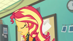 Size: 3410x1920 | Tagged: safe, derpibooru import, screencap, sunset shimmer, better together, equestria girls, forgotten friendship, clothes, cutie mark, cutie mark on clothes, eyes closed, female, geode of empathy, high res, jacket, jewelry, leather, leather jacket, magical geodes, necklace, open mouth, solo