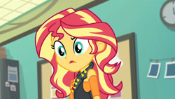 Size: 3410x1920 | Tagged: safe, derpibooru import, screencap, sunset shimmer, better together, equestria girls, forgotten friendship, clothes, cutie mark, cutie mark on clothes, female, geode of empathy, high res, jacket, jewelry, leather, leather jacket, magical geodes, necklace, open mouth, solo