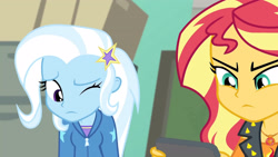 Size: 3410x1920 | Tagged: safe, derpibooru import, screencap, sunset shimmer, trixie, better together, equestria girls, forgotten friendship, clothes, cutie mark, cutie mark on clothes, female, geode of empathy, hairpin, high res, hoodie, jacket, jewelry, leather, leather jacket, magical geodes, necklace, one eye closed