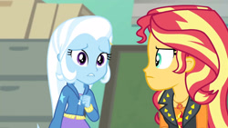 Size: 3410x1920 | Tagged: safe, derpibooru import, screencap, sunset shimmer, trixie, better together, equestria girls, forgotten friendship, clothes, cutie mark, cutie mark on clothes, female, geode of empathy, high res, hoodie, jacket, jewelry, leather, leather jacket, magical geodes, necklace