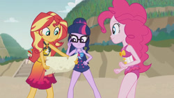 Size: 3410x1920 | Tagged: safe, derpibooru import, screencap, pinkie pie, sci-twi, sunset shimmer, twilight sparkle, better together, equestria girls, x marks the spot, beach, belly button, clothes, cutie mark, cutie mark on clothes, female, geode of empathy, geode of sugar bombs, geode of telekinesis, glasses, high res, jewelry, magical geodes, necklace, one-piece swimsuit, pinkie pie swimsuit, ponytail, sarong, sci-twi swimsuit, sleeveless, smiling, swimsuit
