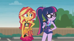 Size: 3410x1920 | Tagged: safe, derpibooru import, screencap, sci-twi, sunset shimmer, twilight sparkle, better together, equestria girls, x marks the spot, beach, belly button, clothes, cutie mark, cutie mark on clothes, female, food, geode of empathy, geode of telekinesis, glasses, hand on hip, high res, jewelry, magical geodes, necklace, one-piece swimsuit, open mouth, ponytail, sarong, sci-twi swimsuit, sleeveless, sushi, swimsuit
