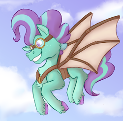 Size: 1840x1813 | Tagged: safe, artist:apatheticxaddict, derpibooru import, idw, wind sock, earth pony, pony, spoiler:comic, spoiler:comic81, artificial wings, augmented, chest fluff, colored hooves, colored pupils, flying, glider, goggles, male, mechanical wing, solo, stallion, unshorn fetlocks