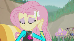 Size: 3410x1920 | Tagged: safe, derpibooru import, screencap, fluttershy, aww... baby turtles, better together, equestria girls, beach, clothes, eyes closed, female, geode of fauna, hairpin, high res, jewelry, magical geodes, necklace, solo, swimsuit, wetsuit