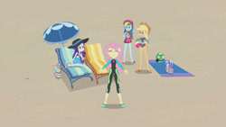 Size: 3410x1920 | Tagged: safe, derpibooru import, screencap, applejack, fluttershy, rainbow dash, rarity, tank, tortoise, aww... baby turtles, better together, equestria girls, applejack's hat, beach, beach ball, belly button, cap, clothes, cowboy hat, eyes closed, female, geode of fauna, geode of shielding, geode of super speed, geode of super strength, hat, high res, lounge chair, magical geodes, male, midriff, open mouth, sandals, swimsuit, wetsuit