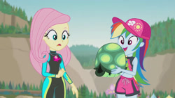 Size: 3410x1920 | Tagged: safe, derpibooru import, screencap, fluttershy, rainbow dash, tank, tortoise, aww... baby turtles, better together, equestria girls, belly button, clothes, female, geode of fauna, geode of super speed, high res, jewelry, magical geodes, male, necklace, open mouth, sleeveless, swimsuit, wetsuit