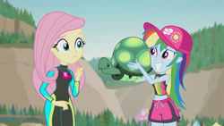 Size: 3410x1920 | Tagged: safe, derpibooru import, screencap, fluttershy, rainbow dash, tank, tortoise, aww... baby turtles, better together, equestria girls, belly button, clothes, female, geode of fauna, grin, high res, jewelry, magical geodes, male, necklace, sleeveless, smiling, swimsuit, wetsuit