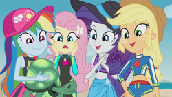 Size: 3410x1920 | Tagged: safe, derpibooru import, screencap, applejack, fluttershy, rainbow dash, rarity, tank, tortoise, aww... baby turtles, better together, equestria girls, applejack's hat, beach, belly button, cap, clothes, cowboy hat, female, geode of fauna, geode of shielding, geode of super speed, geode of super strength, hairpin, hat, high res, magical geodes, male, open mouth, open smile, sarong, sleeveless, smiling, sun hat, swimsuit, wavy mouth, wetsuit
