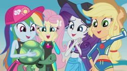 Size: 3410x1920 | Tagged: safe, derpibooru import, screencap, applejack, fluttershy, rainbow dash, rarity, tank, tortoise, aww... baby turtles, better together, equestria girls, applejack's hat, beach, belly button, cap, clothes, cowboy hat, female, geode of fauna, geode of shielding, geode of super speed, geode of super strength, hairpin, hat, high res, magical geodes, male, open mouth, open smile, sarong, sleeveless, smiling, sun hat, swimsuit, wetsuit