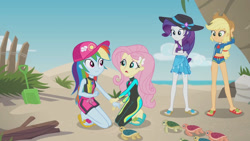 Size: 3410x1920 | Tagged: safe, derpibooru import, screencap, applejack, fluttershy, rainbow dash, rarity, aww... baby turtles, better together, equestria girls, applejack's hat, beach, belly button, clothes, cowboy hat, feet, female, flip-flops, geode of fauna, geode of shielding, geode of super speed, geode of super strength, hairpin, hat, heel pop, high res, magical geodes, open mouth, sandals, sea turtle, sleeveless, swimsuit, wetsuit