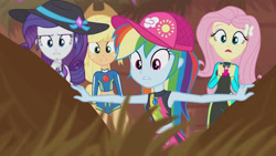Size: 3410x1920 | Tagged: safe, derpibooru import, screencap, applejack, fluttershy, rainbow dash, rarity, aww... baby turtles, better together, equestria girls, applejack's hat, beach, belly button, cap, clothes, cowboy hat, female, geode of fauna, geode of shielding, geode of super speed, geode of super strength, hairpin, hat, high res, jewelry, magical geodes, necklace, open mouth, sleeveless, swimsuit, wetsuit