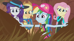 Size: 3410x1920 | Tagged: safe, derpibooru import, screencap, applejack, fluttershy, rainbow dash, rarity, aww... baby turtles, better together, equestria girls, applejack's hat, beach, belly button, cap, clothes, cowboy hat, female, geode of fauna, geode of shielding, geode of super speed, geode of super strength, hairpin, hat, high res, jewelry, magical geodes, necklace, sleeveless, smiling, swimsuit, wetsuit