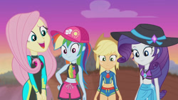 Size: 3410x1920 | Tagged: safe, derpibooru import, screencap, applejack, fluttershy, rainbow dash, rarity, aww... baby turtles, better together, equestria girls, applejack's hat, beach, belly button, cap, clothes, cowboy hat, female, geode of shielding, geode of super speed, geode of super strength, hat, high res, jewelry, magical geodes, necklace, open mouth, sarong, sleeveless, smiling, sun hat, swimsuit, wetsuit