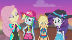 Size: 3410x1920 | Tagged: safe, derpibooru import, screencap, applejack, fluttershy, rainbow dash, rarity, aww... baby turtles, better together, equestria girls, applejack's hat, beach, belly button, cap, clothes, cowboy hat, eyes closed, female, geode of shielding, geode of super speed, geode of super strength, hat, high res, jewelry, magical geodes, necklace, sarong, sleeveless, smiling, sun hat, swimsuit, wetsuit