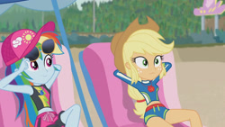 Size: 3410x1920 | Tagged: safe, derpibooru import, screencap, applejack, rainbow dash, better together, equestria girls, lost and found, applejack's hat, belly button, cap, clothes, cowboy hat, female, geode of super speed, geode of super strength, hat, high res, jewelry, lounge chair, magical geodes, midriff, necklace, sleeveless, sunglasses, swimsuit