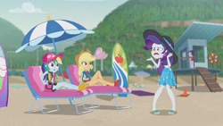 Size: 3410x1920 | Tagged: safe, derpibooru import, screencap, applejack, rainbow dash, rarity, better together, equestria girls, lost and found, applejack's hat, beach, cap, clothes, cowboy hat, female, geode of super speed, geode of super strength, hat, high res, jewelry, lounge chair, magical geodes, necklace, open mouth, rarity being rarity, sandals, sarong, sleeveless, sun hat, surfboard, swimsuit