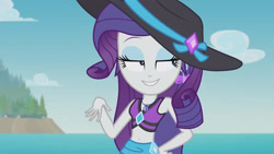 Size: 3410x1920 | Tagged: safe, derpibooru import, screencap, rarity, better together, equestria girls, lost and found, beach, beautisexy, belly button, clothes, female, geode of shielding, hat, high res, jewelry, magical geodes, necklace, sarong, sassy, smiling, solo, sun hat, swimsuit