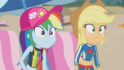 Size: 3410x1920 | Tagged: safe, derpibooru import, screencap, applejack, rainbow dash, better together, equestria girls, lost and found, applejack's hat, beach, belly button, cap, clothes, cowboy hat, female, geode of super speed, geode of super strength, hat, high res, jewelry, lounge chair, magical geodes, midriff, necklace, swimsuit