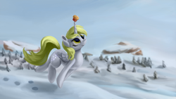 Size: 4000x2250 | Tagged: safe, artist:flusanix, derpibooru import, derpy hooves, alicorn, pony, alicornified, balancing, derpicorn, female, food, high res, mare, muffin, race swap, snow, solo, that pony sure does love muffins