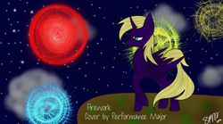 Size: 1440x801 | Tagged: safe, artist:skypaw122, derpibooru import, oc, oc only, alicorn, pony, alicorn oc, fireworks, horn, night, outdoors, raised hoof, raised leg, signature, smiling, solo, stars, wings