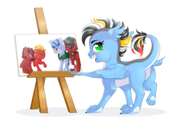 Size: 3161x2160 | Tagged: safe, alternate version, artist:schokocream, derpibooru import, oc, oc only, oc:aeon of dreams, oc:firebrand, oc:ink rose, oc:toonkriticy2k, dragon, pegasus, pony, unicorn, canvas, colt, dragon oc, female, filly, horn, male, paws, pegasus oc, raised hoof, raised leg, simple background, smiling, stallion, underpaw, unicorn oc, white background