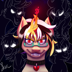 Size: 2048x2048 | Tagged: safe, artist:diamond06mlp, derpibooru import, oc, oc only, pony, unicorn, bust, collar, glasses, glowing, glowing eyes, glowing horn, horn, red eyes, sharp teeth, signature, smiling, teeth, unicorn oc